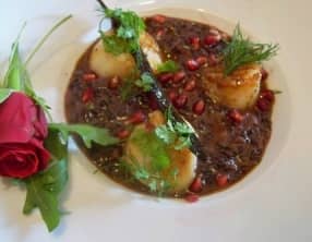 Risotto riz vénéré, Saint Jacques à la vanille et petit jus d'orange sanguine