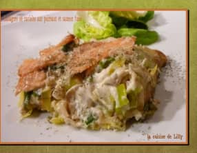 Lasagnes de ravioles aux poireaux et saumon fumé