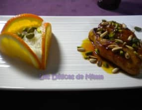 Filets de lapin au caramel d'orange, pignons de pin et pistaches