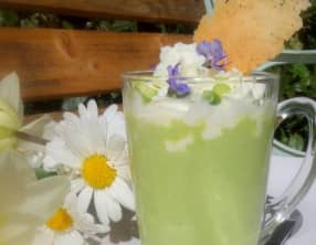 Cappucino glacé de petits pois, chantilly wasabi et fleurs de romarin, tuile parmesan