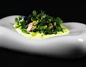 Fricassée de légumes verts au lapsang souchong - Gravlax poêlé