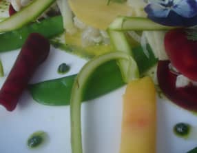 Ravioles terre et mer en tartare de maigre, huile de cacahuètes et pesto à la coriandre