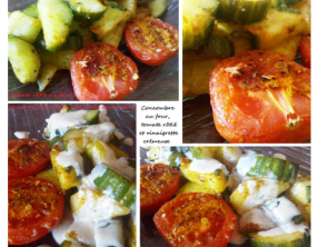 Concombre au four et tomate rôtie, vinaigrette crémeuse au yaourt, à la moutarde et à la sauce soja