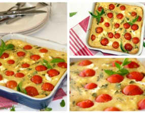 Clafoutis tomate cerise, chèvre frais et basilic