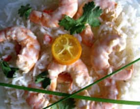 Gambas façon thaï piment, citron vert, lait de coco, coriandre