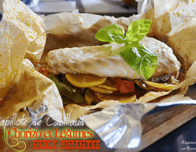 Papillote cabillaud, chorizo, légumes, et huile au piment d'Espelette