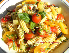 Salade de pâtes aux tomates cerises rouges et jaunes
