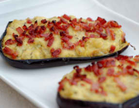 Aubergines fromage, lardons