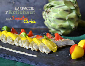 Carpaccio d'artichaut camus et tomates cerises