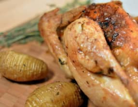 Poulet rôti farci au beurre d'estragon et pommes de terre accordéon