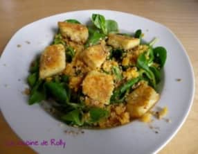 Salade aux quenelles poêlées, lentilles corail et dukkah