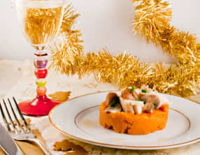 Papillote de poulet aux marrons, champignons, purée de patates douces