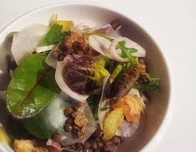 Salade tiède de lentilles, chips crues de topinambour et bulots en sauce ravigotée