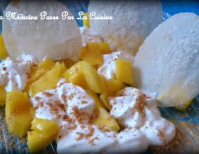 Mangue, crémeux de fromage blanc, speculoos et tuile