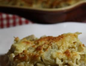 Gratin de crozets aux endives, poulet et Maroilles