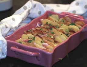 Tian de pommes de terre, bacon, comté et basilic