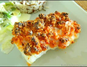 Dos de cabillaud en crumble de chorizo et parmesan