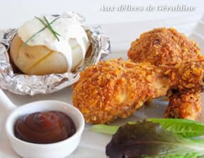 Pilon de poulet pané à l'américaine et pommes de terre sauce fromage blanc