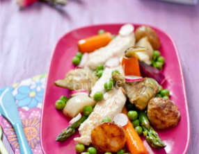 Aiguillettes de poulet à la crème, légumes printaniers