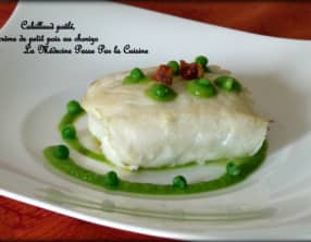 Dos de cabillaud poêlé, crème "velours" de petit pois au chorizo