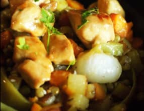 Légumes de printemps et poulet au miel