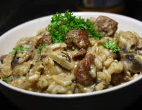 Risotto de merguez, champignons, pesto de truffe noires d’été