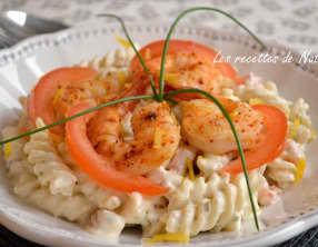 Pâtes sauce citron et estragon, gambas au piment d'Espelette