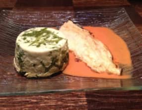 Filet de Truite sauce au Poivron et vin blanc Flan aux fanes de Radis