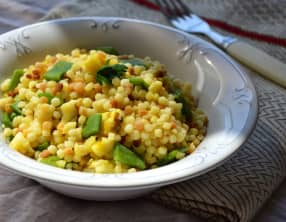 Fregola au Cabillaud, Haricots plats et Curcuma
