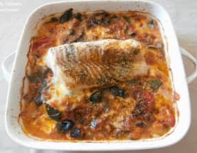 Cabillaud au four, légumes du soleil et mozzarella