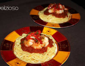 Linguine à la sauce tomate et Gambas au chorizo