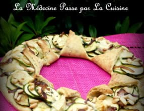 Tarte-soleil : courgettes, jambon fumé, fromage de brebis et pignon