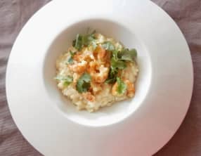 Risotto aux crevettes, curry, lait de coco et coriandre