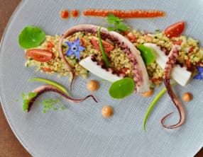 Poulpe, boulghour, poivrons, tomates, paprika fumé