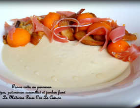 Panna cotta de parmesan, potimarron, cèpes et jambon fumé