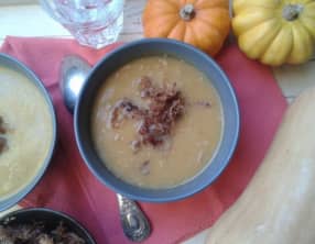 Velouté de butternut, effiloché de canard