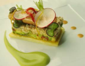 Croustillant de Tourteau à l'avocat, pommes de terres et citron vert