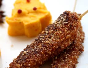 Aiguillettes de canard en croûte de noisettes et crêpes dentelles