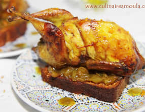 Cailles farcis au foie gras, marron et sa sauce de dattes confites