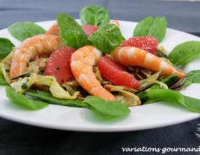 Salade de pousses d’épinards, pomélos, crevettes, fenouils et panais confits
