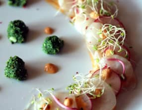 Noix de saint-jacques en carpaccio, corail crémé, radis et son pesto de fanes