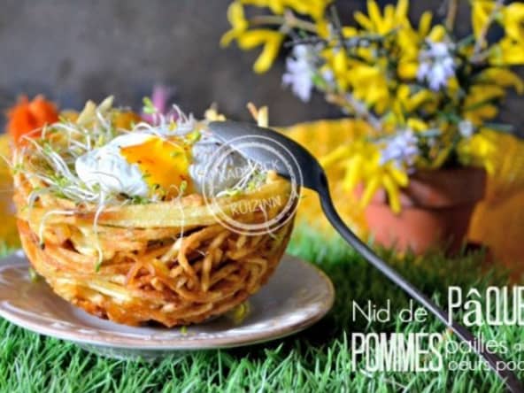 Nid de Pâques aux pommes paille garni d'alfalfa et œuf poché