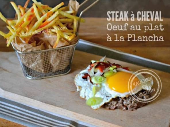 Plancha de Steak à cheval et cuisson de l'œuf au plat à la plancha