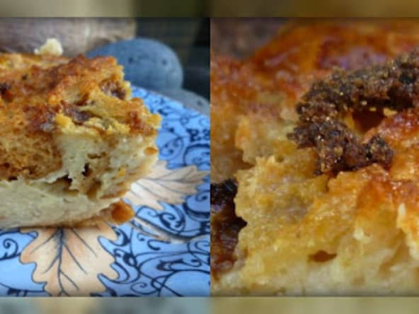 Pudding anti-gaspi à la brioche au lait de coco, rhum, vanille et muscovado noir