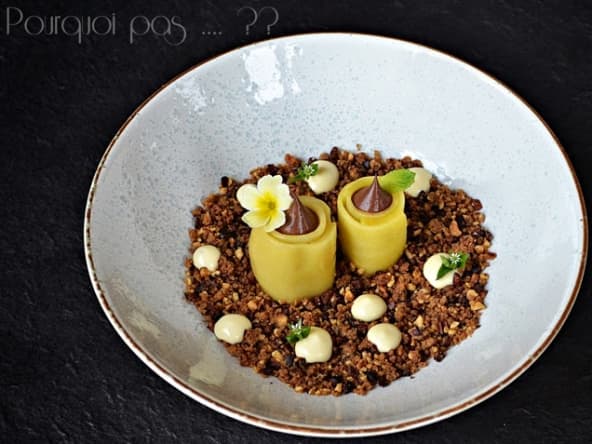 Dessert chocolat, mangue, noisette, crème advocaat