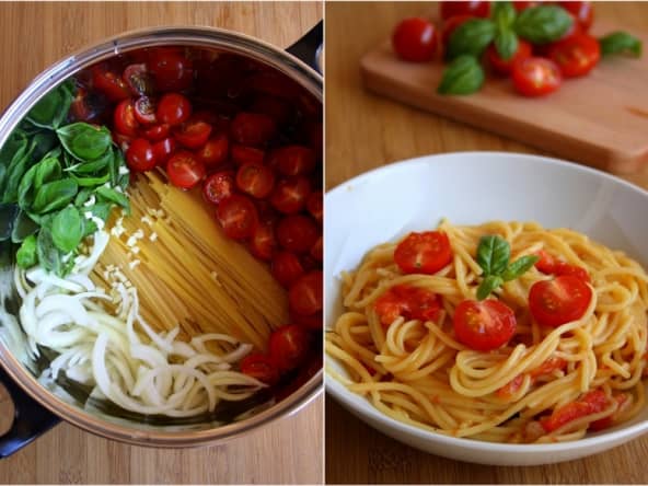 One pot pasta tomate cerise, basilic, ail et oignon