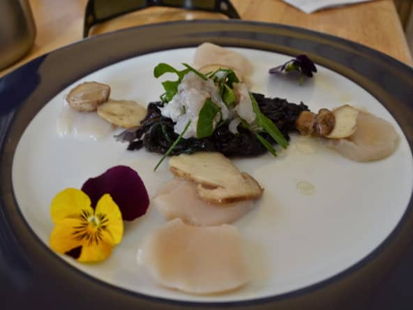 Carpaccio de noix Saint-Jacques et cèpes à l'huile d'argan et tartare de langoustine sur lit de nori