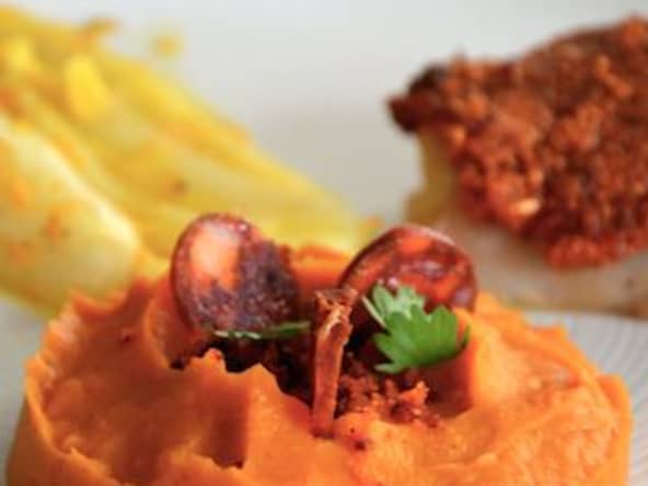 Cabillaud en croûte de chorizo, mousseline de patates douces à la vanille et endives braisées à l'orange