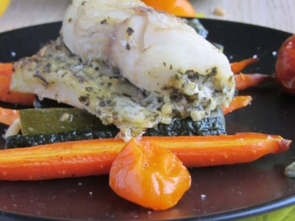 Roulés de sandre au pesto verde et ses légumes rôtis