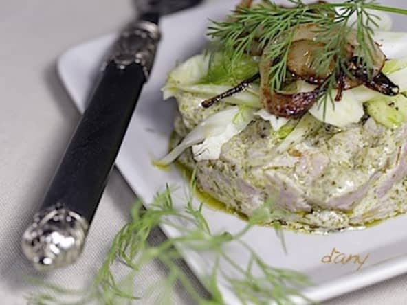 Tartare de veau au couteau au citron confit et au pesto salade de fenouil